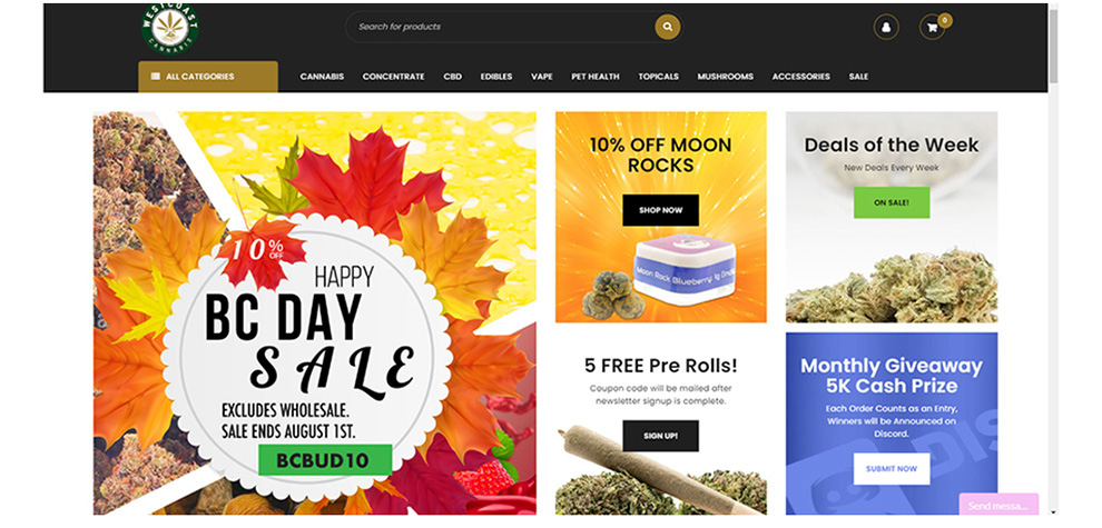 Homepage for west coast cannabis online dispensary canada for edibles online and to buy weed online. dispensary.