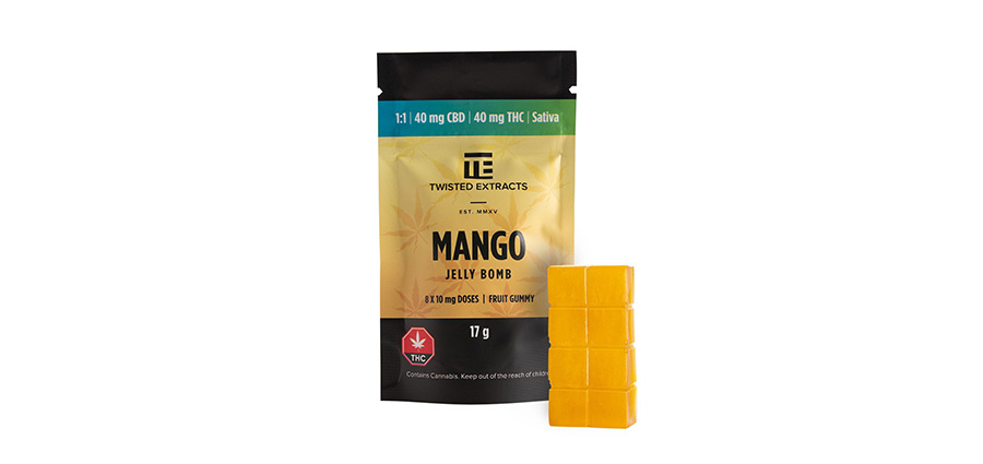 Mango Jelly Bombs THC edibles from Twisted Extracts at MMJ Express online dispensary Canada. Buy edibles online. Weed candy.