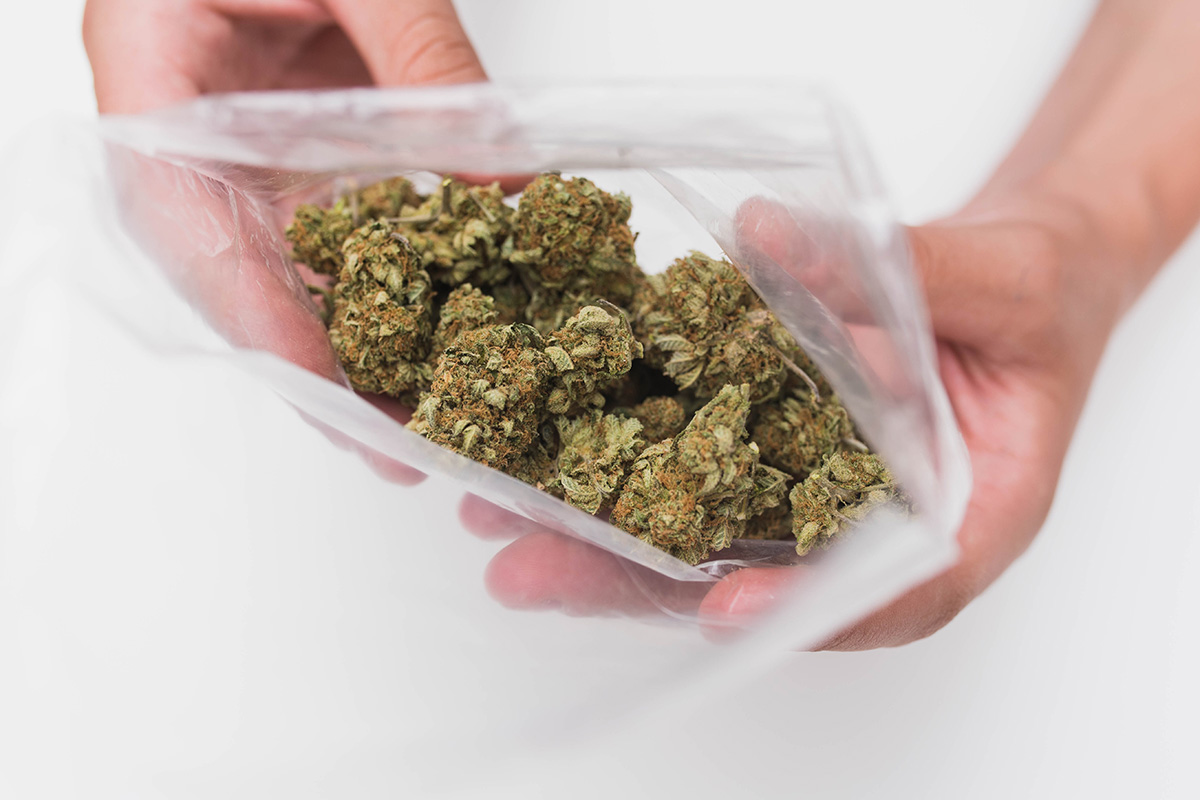 Budget bud weed strains in a plastic bag from an online dispensary for mail order marijuana, shatter, gummys, and dispensary weed.