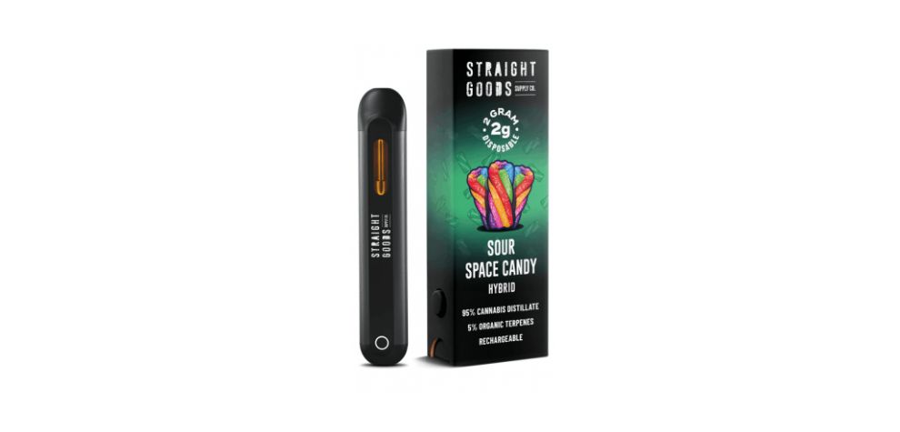 Looking for a more potent vape pen? Get this Sour Candy disposable pen from Straight Goods. It contains 2ml of premium THC distillate with cannabis-derived terpenes and 2000mg of THC.