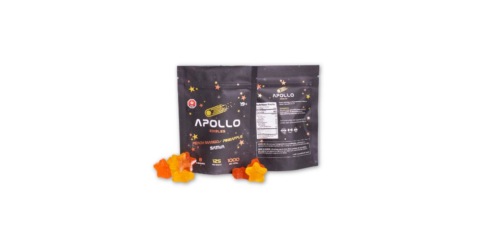 The Apollo Peach Mango/ Pineapple Shooting Star Gummies 1000MG THC (SATIVA) is a monstrously-dosed candy gummy only for hardcore results. In the entire pack, you get 1000mg of THC or 125mg per gummy (for a total of eight pieces). 
