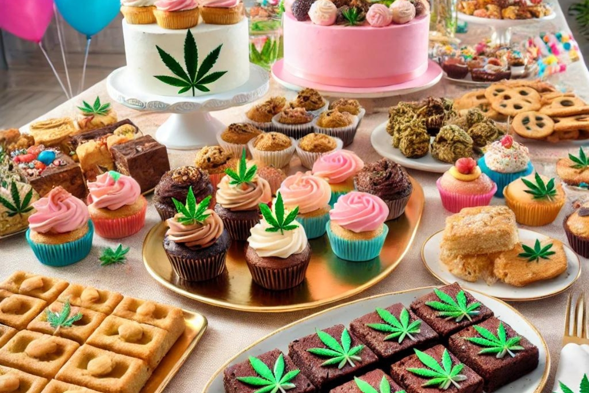 a dining table full of cannabis infused when you buy baked edibles