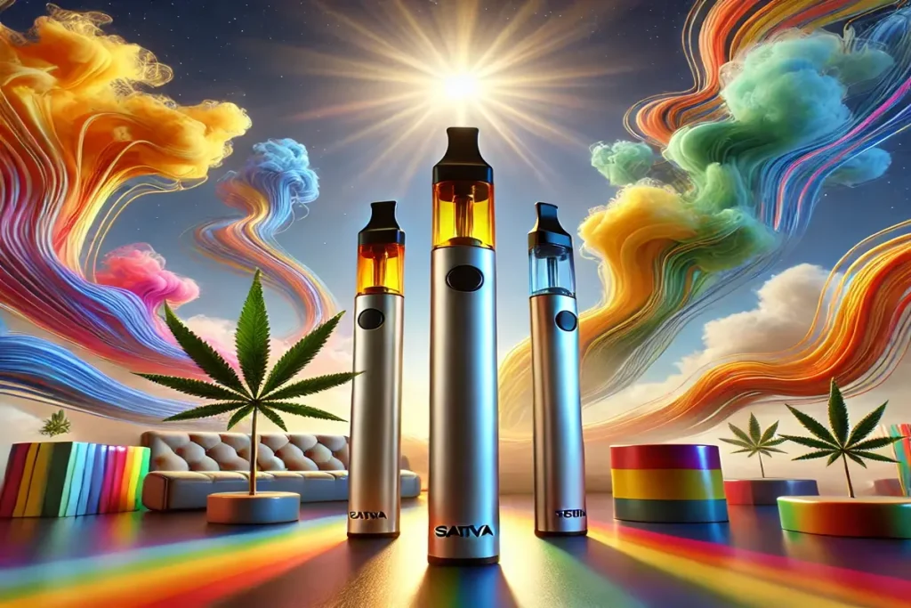 3 sativa vape pens with gassy effect on the backgound and a sun