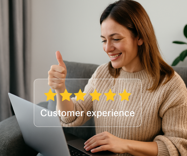 Smiling customer giving a thumbs up while using a laptop, with a five-star rating overlay representing excellent customer experience