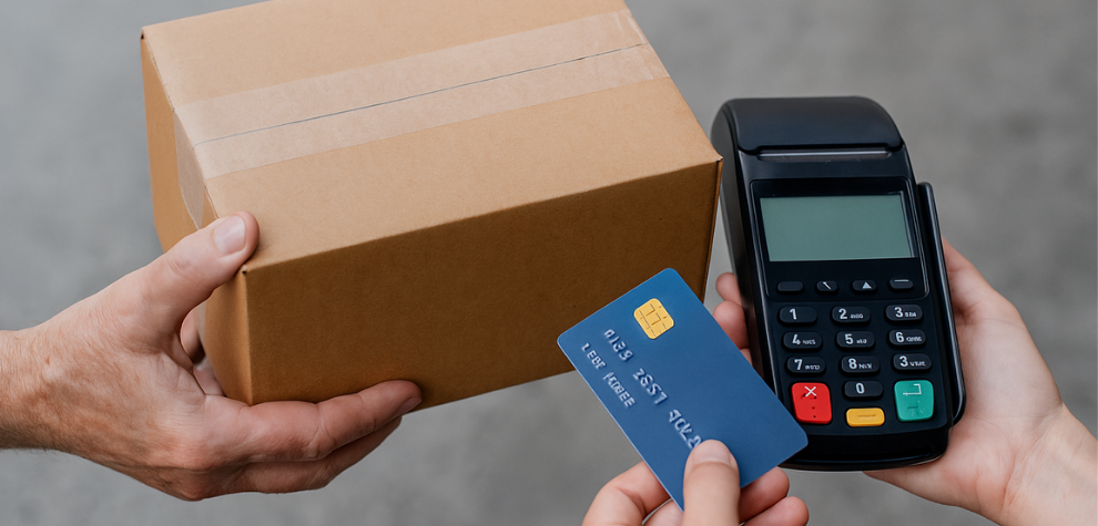 Customer paying for a package with a credit card, representing delivery fees for online pot delivery in Canada