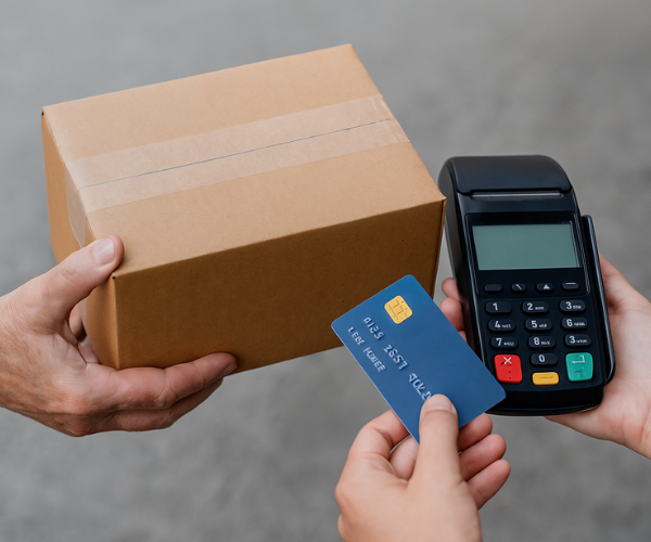 Customer paying for a package with a credit card, representing delivery fees for online pot delivery in Canada