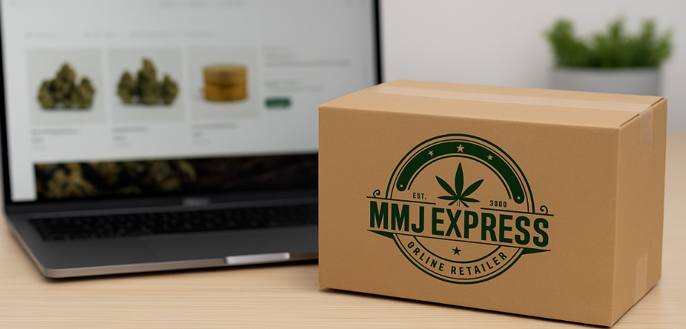 MMJ Express delivery box placed in front of a laptop displaying cannabis products, online pot delivery in Canada
