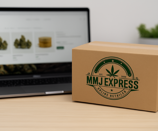 MMJ Express delivery box placed in front of a laptop displaying cannabis products, representing quick online pot delivery in Canada