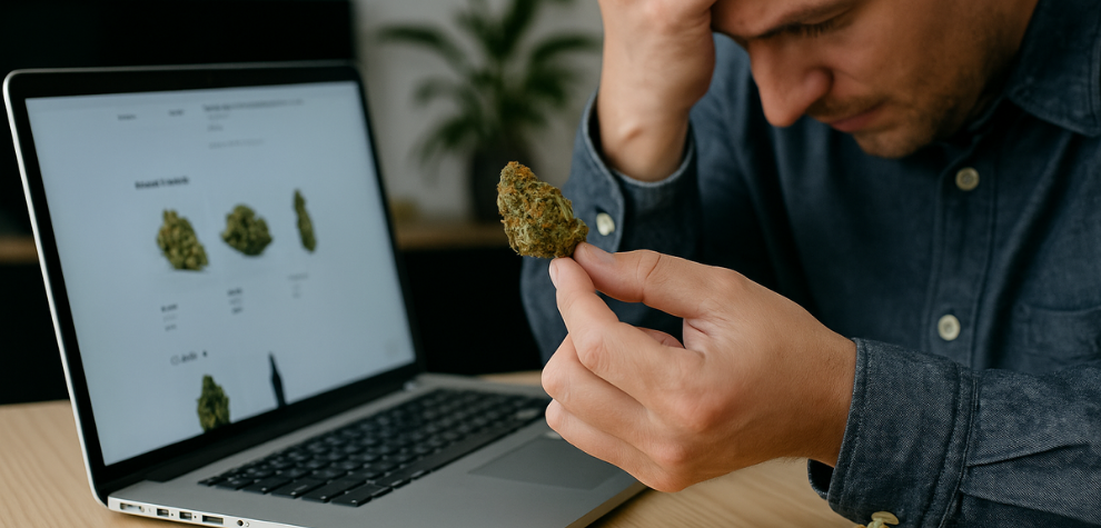User shopping for OG Kush strains online, highlighting common mistakes to avoid when purchasing cannabis digitally