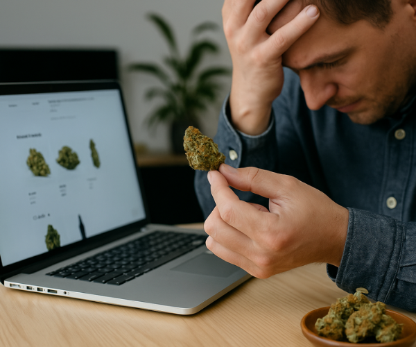 User shopping for OG Kush strains online, highlighting common mistakes to avoid when purchasing cannabis digitally