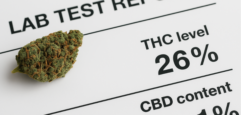 Labeled OG Kush strains with THC and CBD content displayed, showcasing potency and cannabinoid profiles