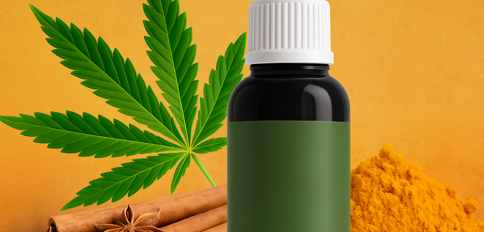 Dropper bottle with cannabis leaf, cinnamon, star anise, and turmeric, representing terpene profiles in OG Kush strains