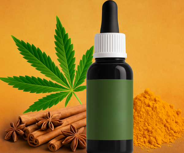 Dropper bottle with cannabis leaf, cinnamon, star anise, and turmeric, representing terpene profiles in OG Kush strains