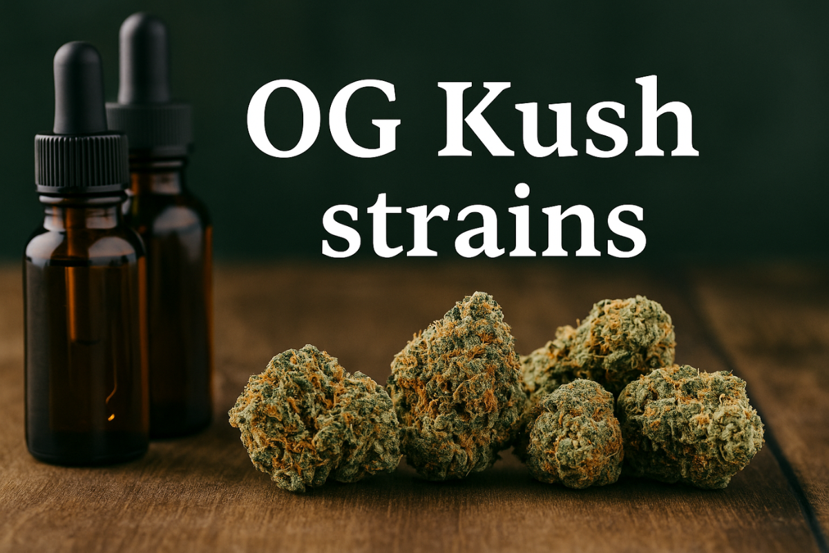 Assorted OG Kush strains and rare crosses displayed on a dark surface, showcasing unique variations of OG Kush strains