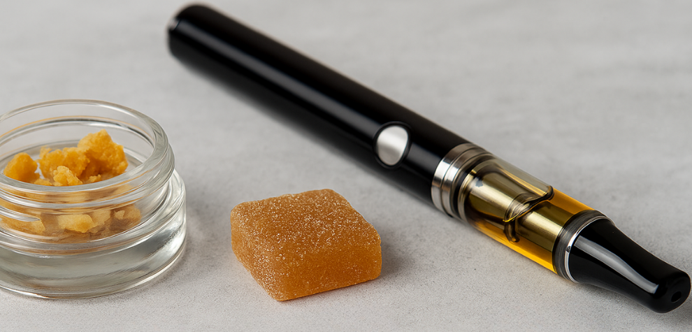 Vape pen, cannabis concentrate, and edible displayed together, showcasing product variety from online dispensary in Canada