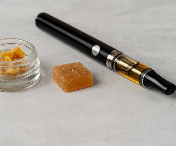 Vape pen, cannabis concentrate, and edible displayed together, showcasing product variety from online dispensary in Canada