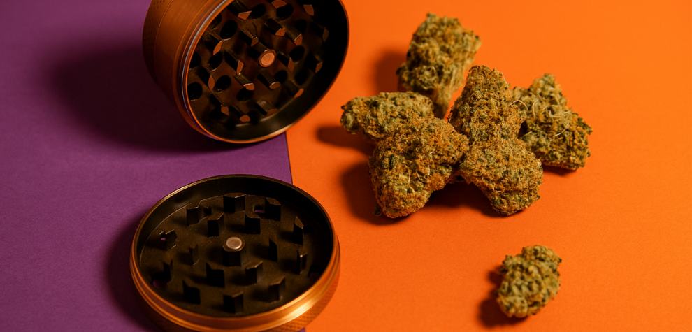 Cannabis buds and grinder on a vibrant background, symbolizing quality products from a reliable weed store online