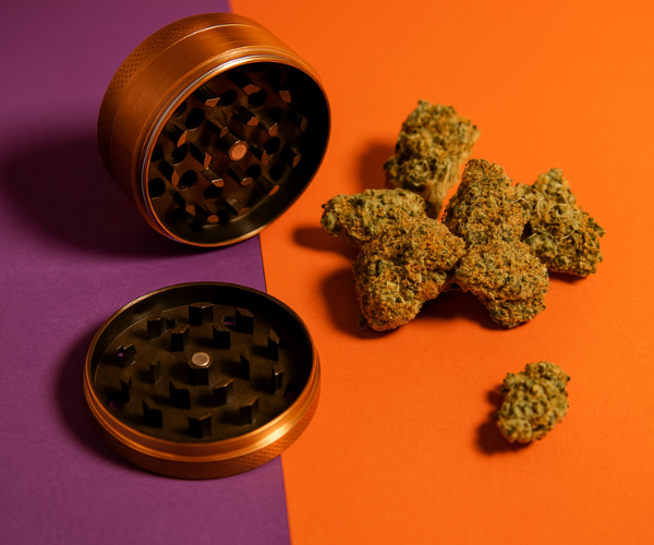 Cannabis buds and grinder on a vibrant background, symbolizing quality products from a reliable weed store online