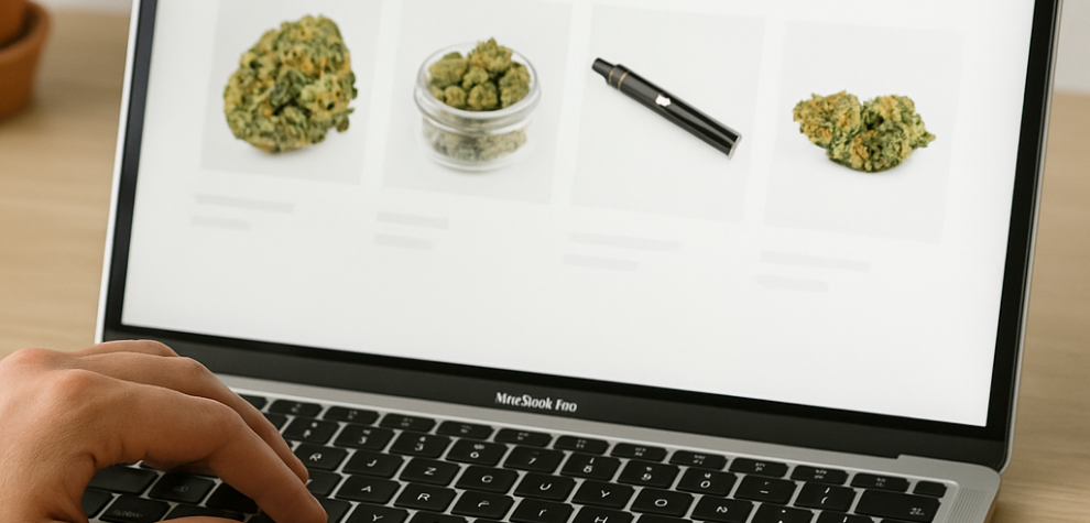 User browsing a weed store online with cannabis products displayed on a laptop screen