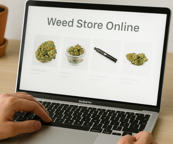 User browsing a weed store online with cannabis products displayed on a laptop screen, highlighting convenience and variety