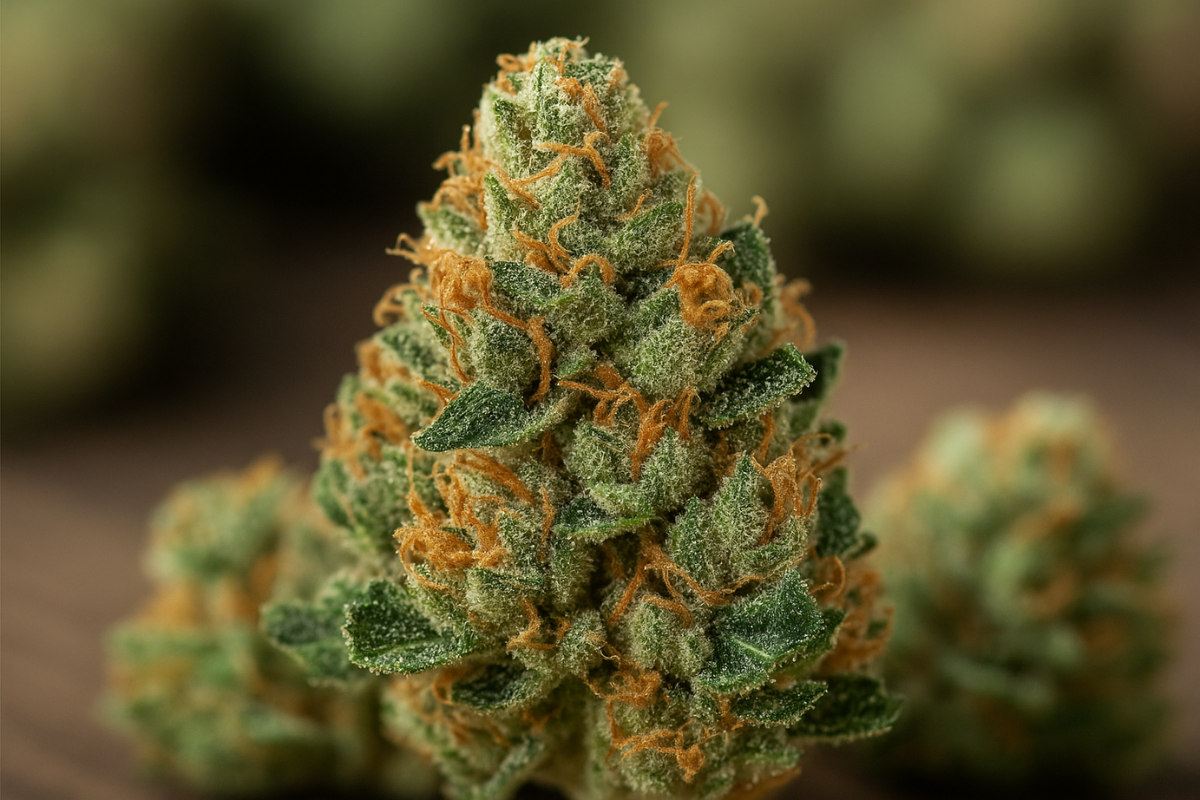 Close-up of a dense, resin-coated Hindu Kush strain bud with orange hairs and green leaves, symbolizing pure mountain-grown relaxation