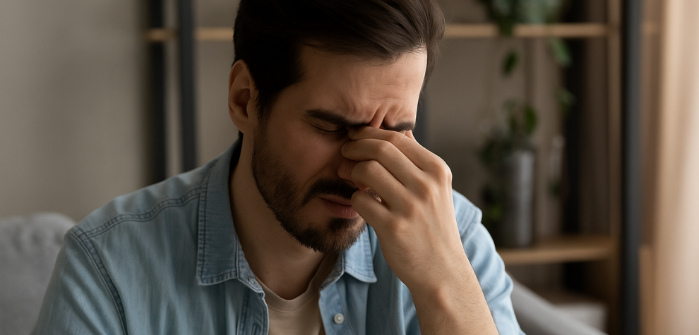 Man experiencing discomfort with eyes closed and fingers pinching the bridge of his nose, representing possible adverse effects of the Hindu Kush strain
