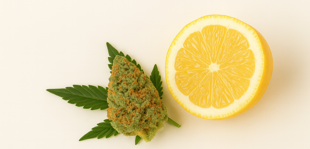 Amnesia Haze bud with lemon slice and cannabis leaves, highlighting its citrus aroma and vibrant appearance