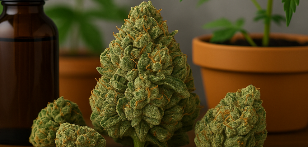 Sativa cannabis buds with a dropper bottle and potted plants, showing how sativa strains differ