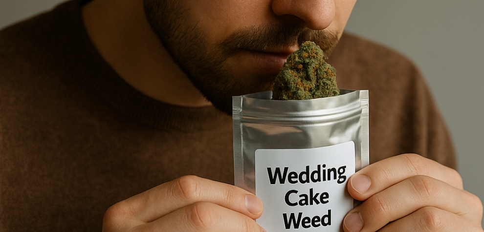 Man smelling weeding cake weed, highlighting the aroma of Wedding Cake strain