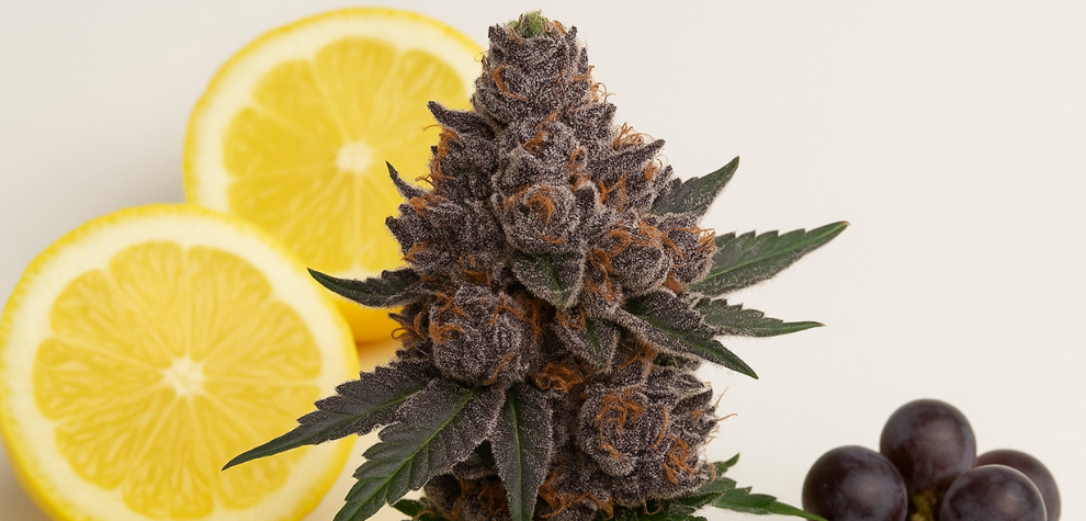 Grand Purple Daddy strain with orange hairs, surrounded by lemon slices and dark grapes, highlighting its citrus and fruity aroma profile