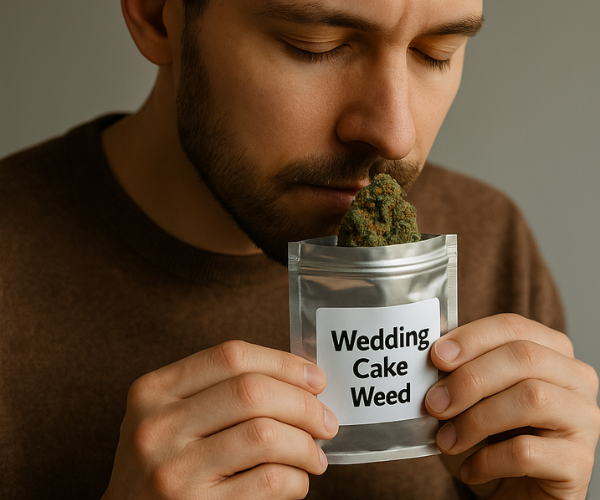 Man smelling weeding cake weed, highlighting the aroma of Wedding Cake strain