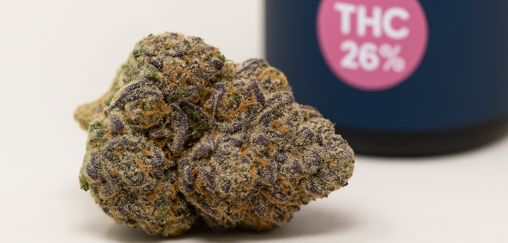Astro Pink cannabis bud in focus with a container labeled "THC 26%" in the background, highlighting its high potency