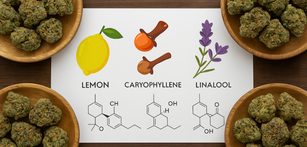 Astro Pink strain terpenes: visual chart highlighting lemon (limonene), caryophyllene, and linalool surrounded by cannabis buds