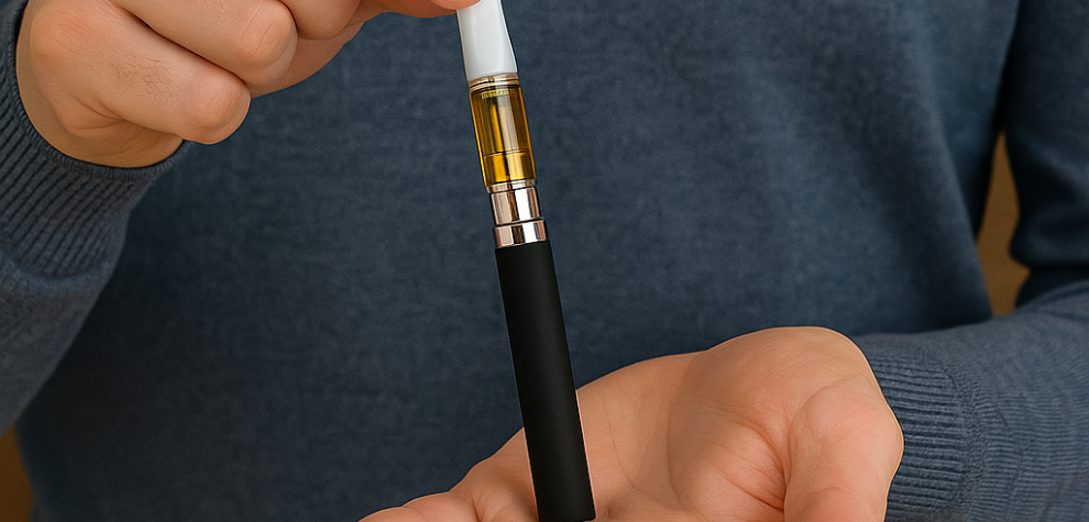 Person holding and demonstrating a weed pen cartridge, illustrating tips for effective cartridge use