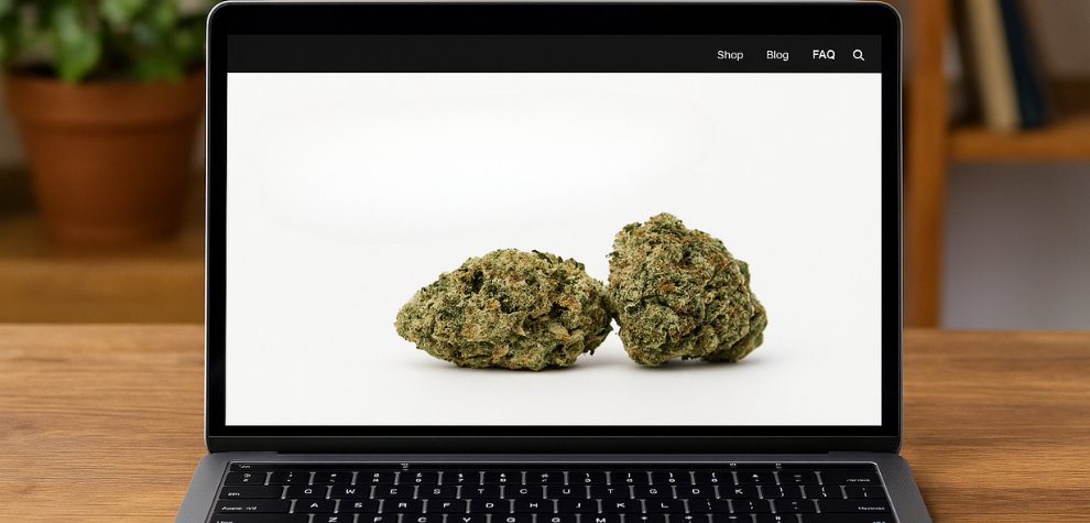 A laptop screen displaying cannabis buds on an online dispensary website, highlighting the option to buy cannabis online with MMJExpress