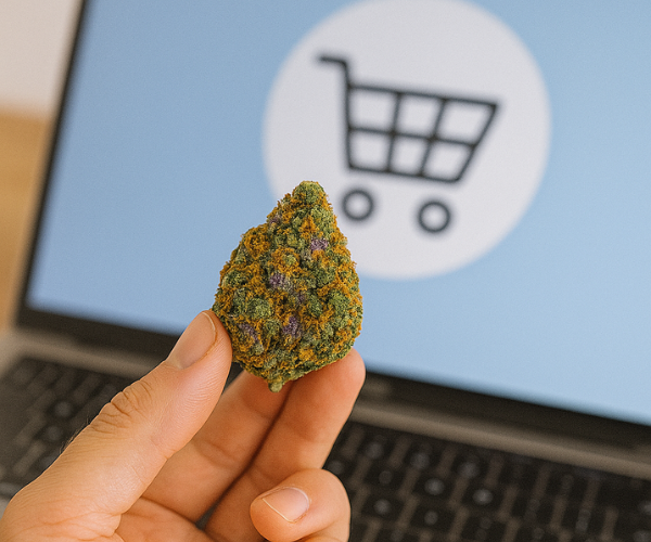 Fruity Pebbles OG cannabis bud next to a laptop with Canadian dispensary website, representing how to buy the strain in Canada