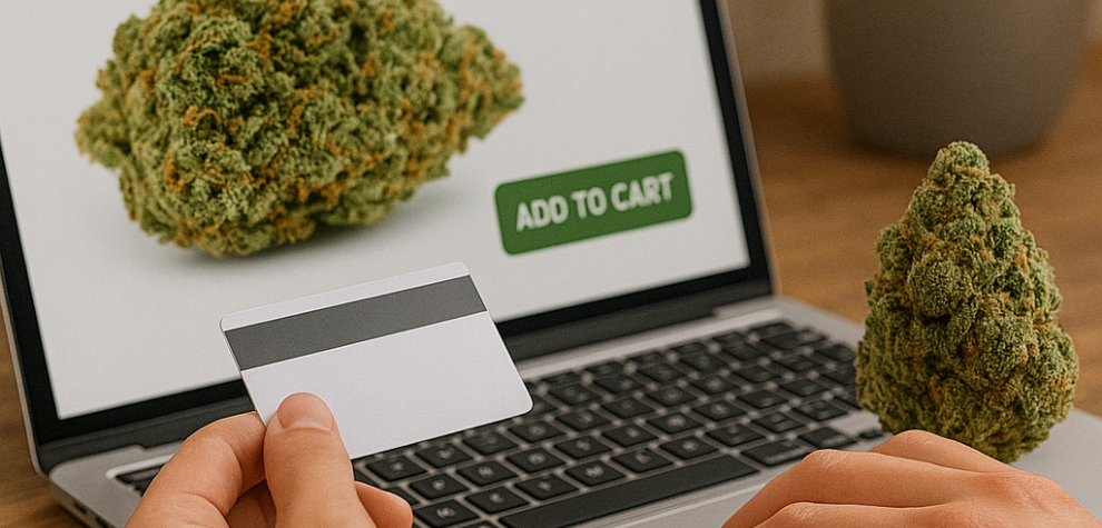 Person using credit card to buy cannabis online from MMJExpress via laptop with product shown