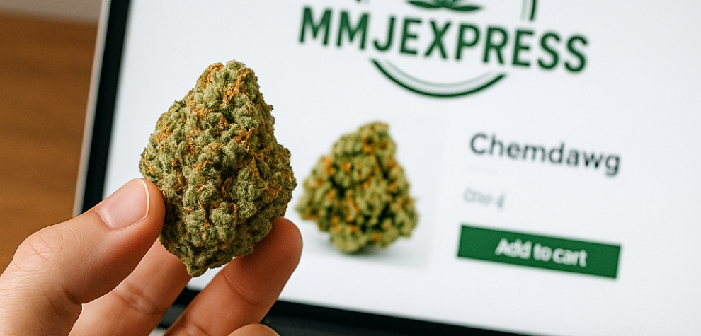 Hand holding a Chemdawg cannabis bud in front of MMJExpress online store page, showing how to buy the strain online