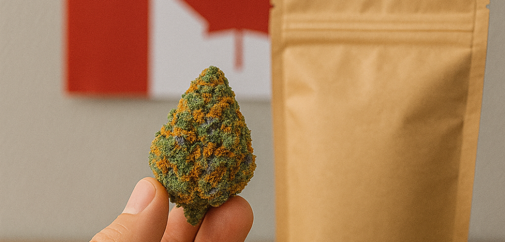 Fruity Pebbles OG bud held in front of packaging and Canadian flag, showing purchase in Canada
