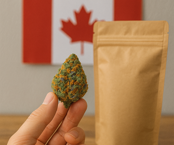 Fruity Pebbles OG bud held in front of packaging and Canadian flag, showing purchase in Canada
