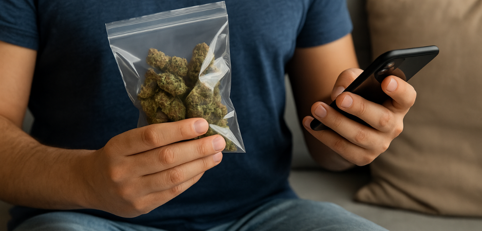 Person holding a bag of cannabis buds and using a smartphone, symbolizing buying the Northern Lights weed strain online