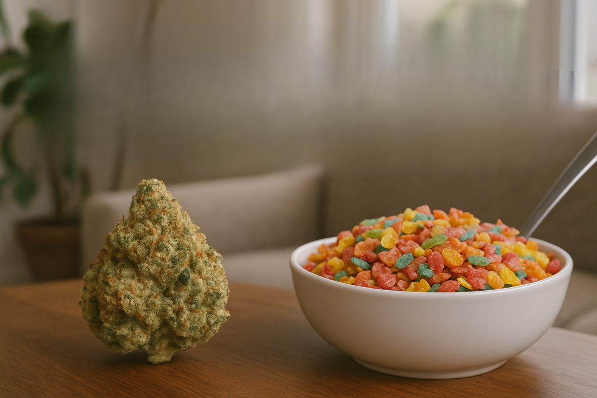 Fruity Pebbles OG cannabis buds with a calm, focused setting, illustrating its potential effects on relaxation and concentration