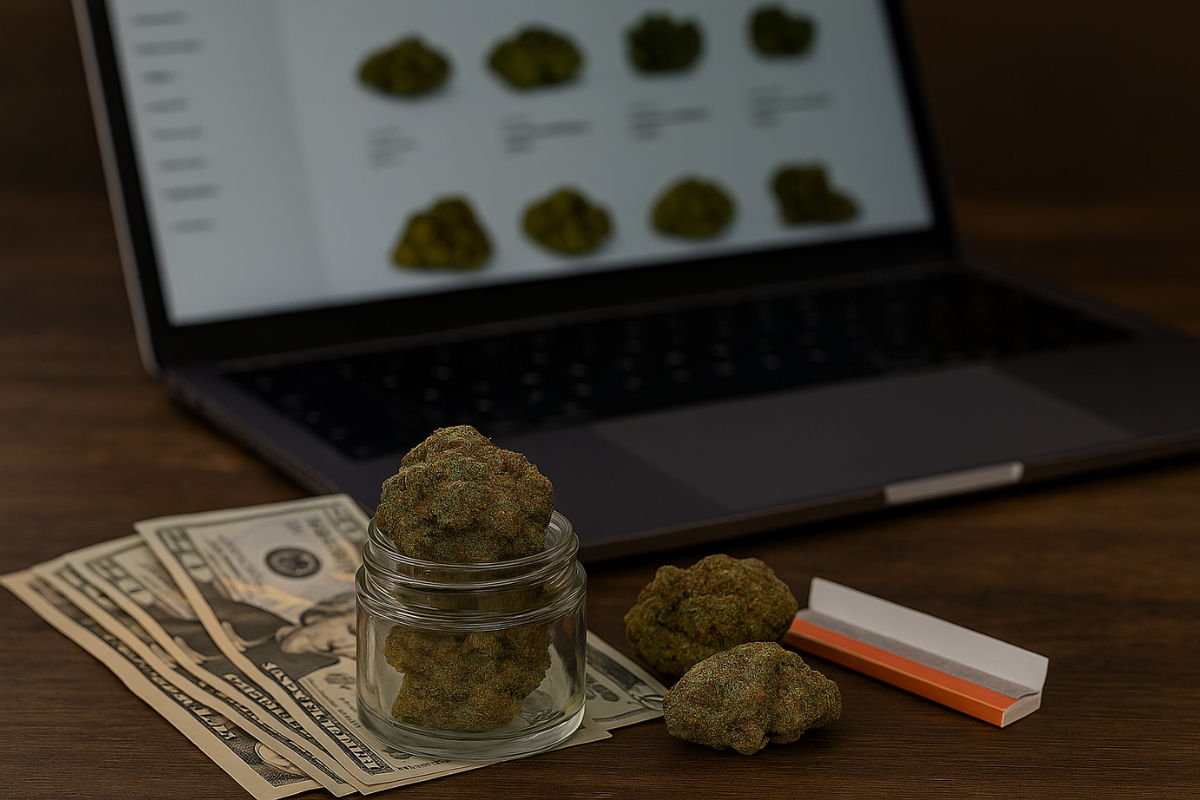 Glass jar of cannabis buds and cash beside a laptop browsing cannabis online stores