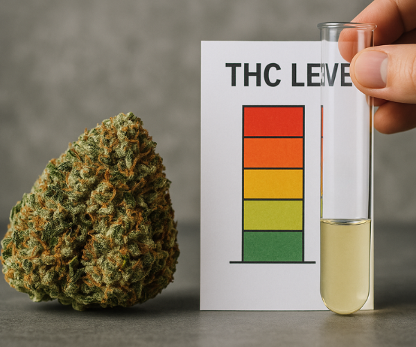 Chemdawg strain cannabis bud with a THC chart and test tube showing potency level