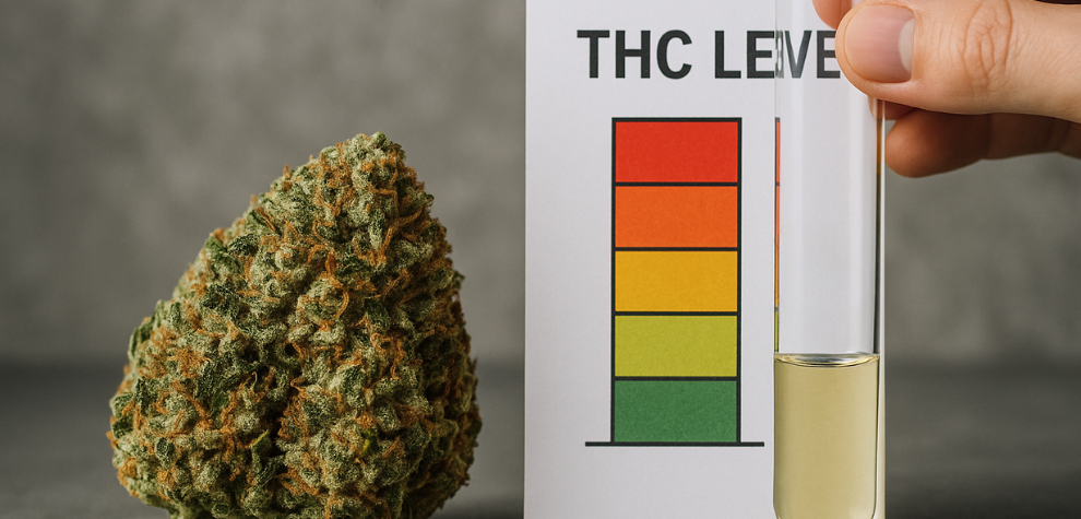Chemdawg strain cannabis bud with a THC chart and test tube showing potency level