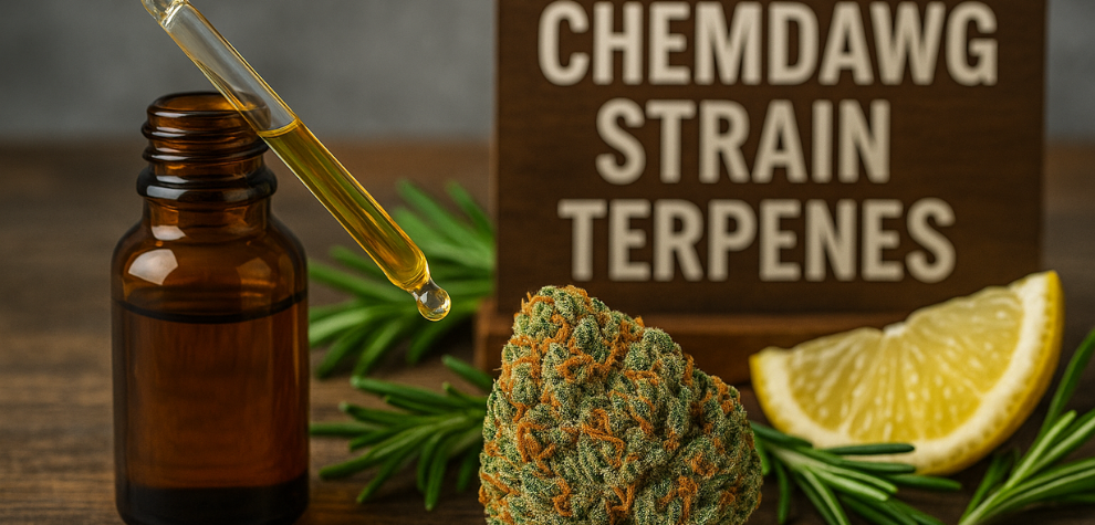 Chemdawg strain cannabis bud with lemon, rosemary, and terpene oil dropper, illustrating its aromatic terpene profile