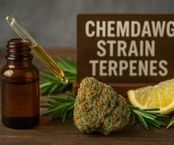Chemdawg strain cannabis bud with lemon, rosemary, and terpene oil dropper, illustrating its aromatic terpene profile