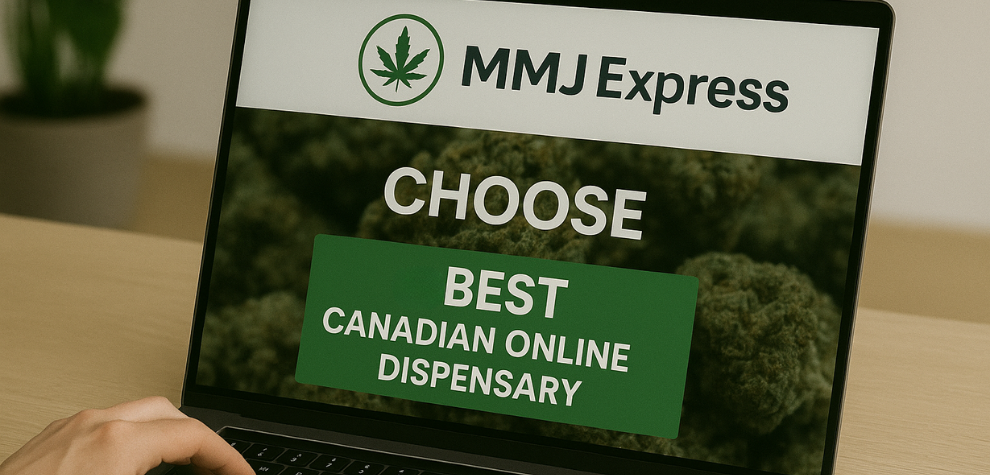 Laptop screen showing MMJ Express website with bold text "CHOOSE BEST CANADIAN ONLINE DISPENSARY" and a cannabis background