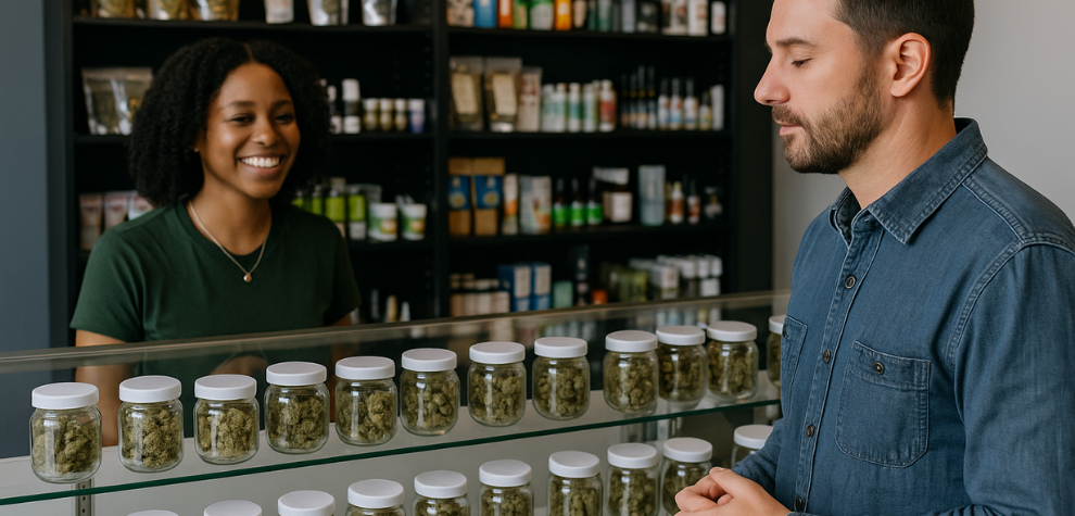 Customer selecting from jars of cannabis at a well-stocked dispensary counter, highlighting the experience of choosing a top shelf dispensary