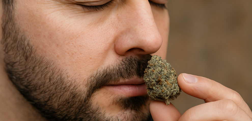 Man smelling a cannabis bud up close with eyes closed, capturing the rich and complex aroma of the strain